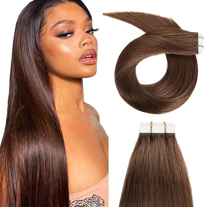 28 Inch Tape In Hair Extensions Color #4 Straight Hair Extensions HuxoWax Double Weft Invisible Brown VirgIn Soft And Silky Remy Hair