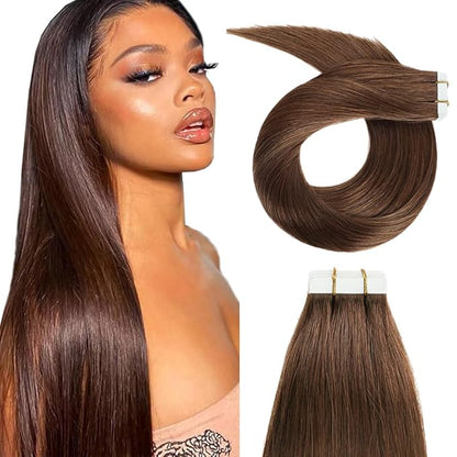 28 Inch Tape In Hair Extensions Color #4 Straight Hair Extensions HuxoWax Double Weft Invisible Brown VirgIn Soft And Silky Remy Hair