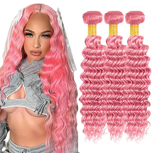 Pink Deep Wave Bundles Light Pink Human Hair Bundle Niegmeag Brazilian Virgin Soft and Skily Remy Hair 3 Bundles 26 28 30 Inch Pure Pink Color