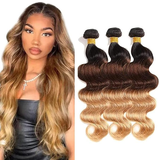 28 30 32 Inch Ombre Human Hair Bundles T1B/4/27 Body Wave Bundle Double Weft 3 Tone Brown and Honey Blonde Bundles Brazilian Virgin Remy Hair Extensions