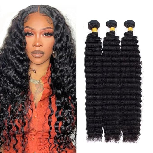 Deep Wave Bundles Human Hair Natural Black Deep Curly Human Hair Bundles 24 24 24 Inch Loose Wave Bundle Brazilian Virgin Remy Hair Extensions Silky Soft Double Weft Deals