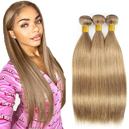 #22 Blonde Bundles Human Hair Straight Bundles 18 20 22 Inch Human Hair Weave 3 Bundle Unprocessed Brazilian Virgin Hair Ash Blonde Straight Human Hair Extensions 50 Grams/Bundle