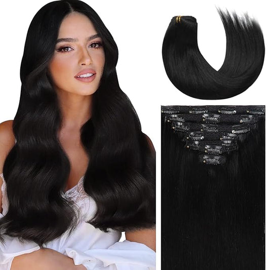 Lacer Hair Extensions Clip in Human Hair Jet Black #1 120g 7pcs Per Set Silky Straight 100% Clip in Hair Extensions Remy Human Hair 14 Inch