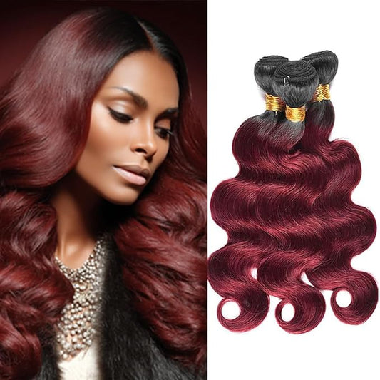Ombre 1B99J Hair Body Wave Bundles Black and Wine red Body Wave Bundles two tone Brazilian Hair Extensions Soft and Silky for Women 16 18 20 Inch