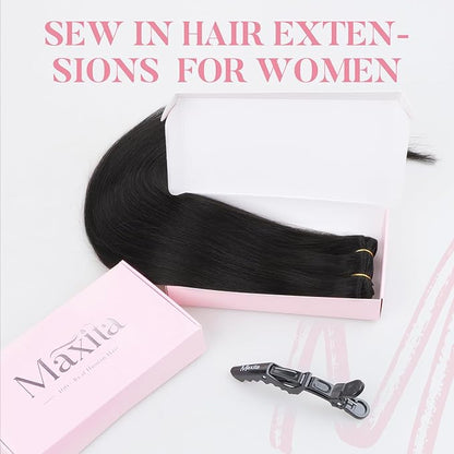 MAXITA Sew in Hair Extensions Real Human Hair Natural Black Weft Hair Extensions 22 inch 110g human hair weft extensions Double Weft Soft Silky Straight hair extensions sew in