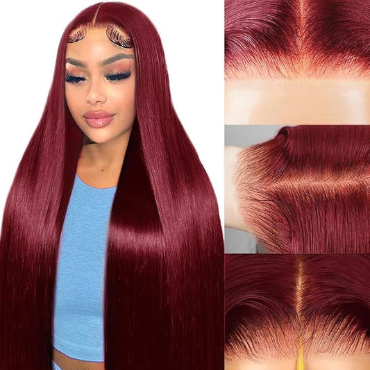 99j Burgundy Lace Front Wigs Human Hair Pre Plucked 9x6 HD Lace Red Wig Human Hair Wear And Go Glueless Wigs 220 Density Red Straight Wig for Women with Baby Hair 26Inch