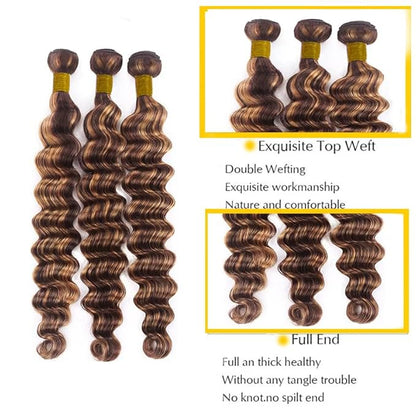 P1B/30 Human Hair Bundles Highlight Deep Wave Bundles 12 14 16 Inch Unprocessed Brazilian Virgin Remy Hair Extensions Silky Soft Ombre Light Brown Hair Weave