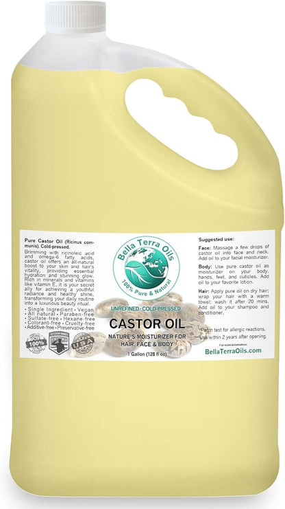 Premium Castor Oil for Luxurious Hair and Radiant Skin – 1 Gallon, Fast Absorbing, All-Natural,. Bella Terra Oils
