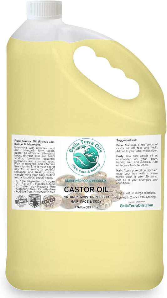 Premium Castor Oil for Luxurious Hair and Radiant Skin – 1 Gallon, Fast Absorbing, All-Natural,. Bella Terra Oils