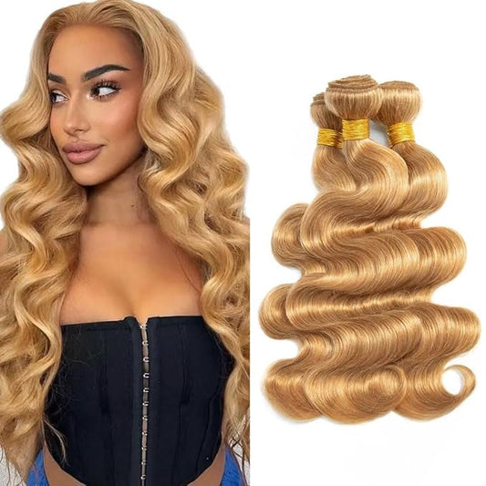 #27 Blonde Bundles Body Wave Human Hair Bundles 26 28 30 Inch Unprocessed Brazilian Virgin Hair Weave 3 Bundles Honey Blonde Human Hair Extensions For Woman 50 Grams Per Bundle