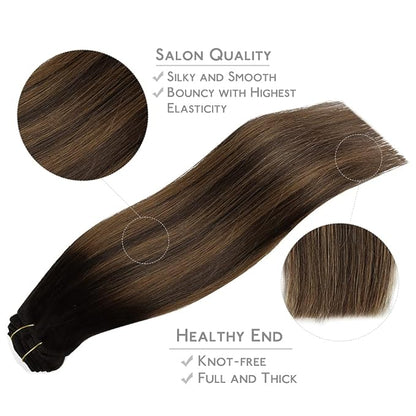 WENNALIFE Clip in Hair Extensions Real Human Hair, 20 Inch 120g 7pcs Dark Brown to Chestnut Brown Balayage Remy Hair Double Weft