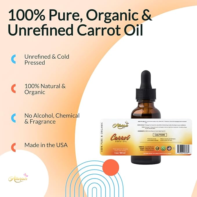 Carrot Seed Oil – 100% Pure & Organic, Unrefined, Cold Pressed, All Natural, aceite de zanahoria - Daucus Carota- Essential Carrot Moisturizer for Skin, Face and Hair Growth (1 Oz)
