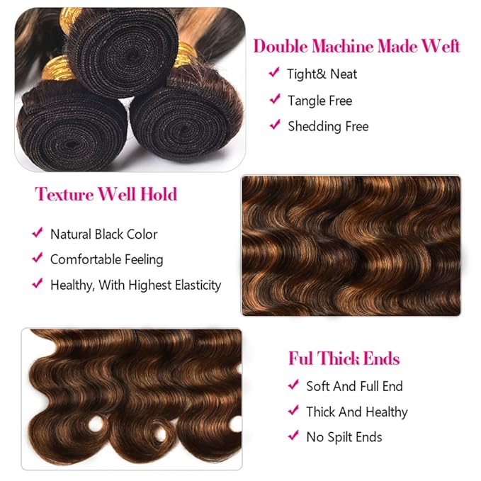 Highlight Bundles Human Hair Brown Body Wave Bundles 12 14 16 Inch Brazilian Unprocessed Virgin Remy Hair Extensions Niegmeag Hair 2 Tone Black and Light Brown Bundle