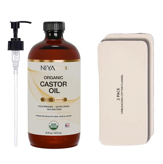 16oz Pure Castor Oil Organic Cold Pressed Unrefined, Hexane Free,Natural - Glass Bottle with Pump and 2 Cotton Flannels, USDA Certified, Golden Castor oil for Skin, Hair, Lashes, Nails & More