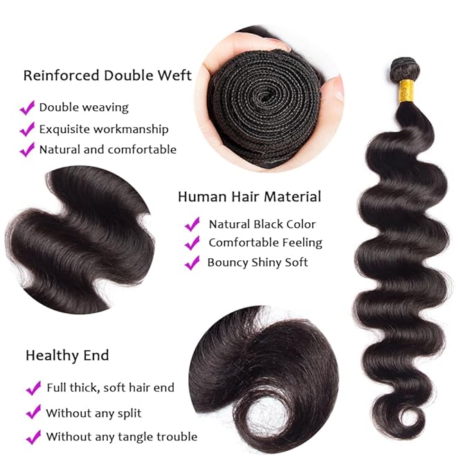 #1B Body Wave Bundles Human Hair Color 1B Body Wave Bundles Double Weft Brazilian Human Hair Extensions Soft and Silky for Black Women 14 14 14 Inch
