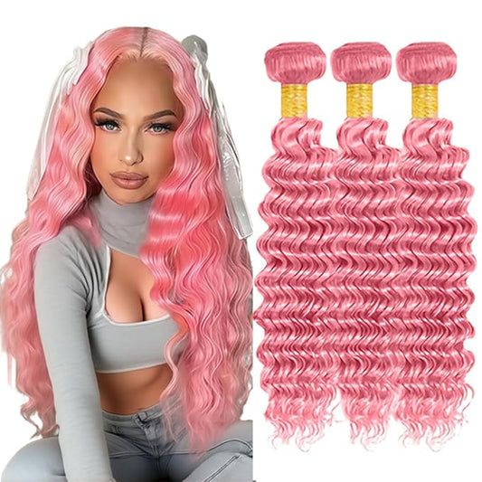 28 30 32 Inch Light Pink Human Hair Bundles Pink Deep Wave Bundles Niegmeag Virgin Soft and Skily Remy Hair Extensions Double Weft Pure Pink Bundle