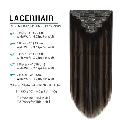 Lacer Clip in Hair Extensions Real Human Hair Balayage Natural Black to Medium Brown Highlight Remy Human Hair Extensions Clip ins for Women 14 Inch 120g 7Pcs Natural Human Hair