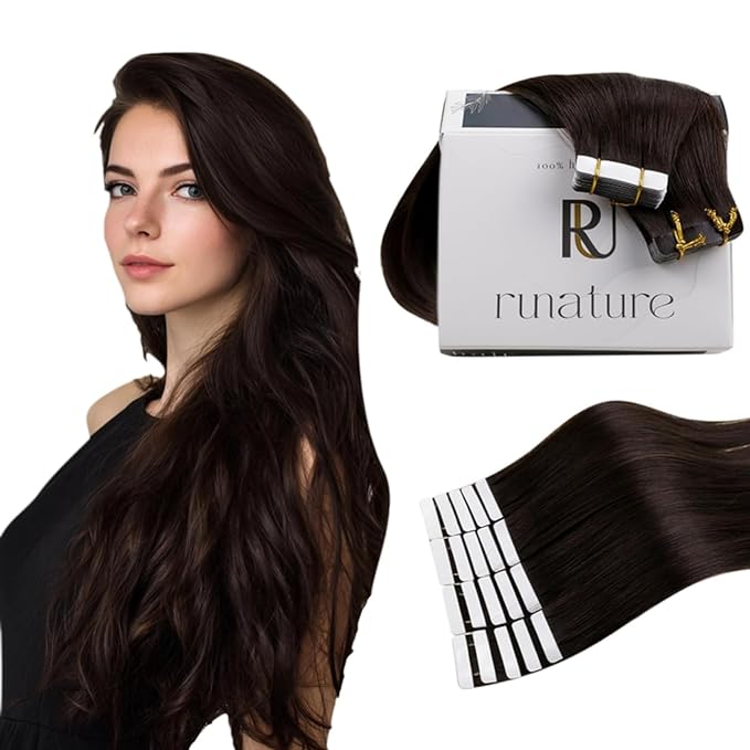 RUNATURE 24 Inch Tape ins Human Hair Extensions for Long Hair Dark Brown Hair Tape in Extensions Remy Hair PU Tape in Hair Extensions Human Hair #2 Brown Glue in Hair Extensions Silky 50g 20pcs