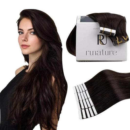 RUNATURE 24 Inch Tape ins Human Hair Extensions for Long Hair Dark Brown Hair Tape in Extensions Remy Hair PU Tape in Hair Extensions Human Hair #2 Brown Glue in Hair Extensions Silky 50g 20pcs