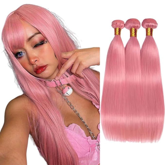 Pink Bundles Human Hair Pink Straight Bundles 22 24 26 Inch Niegmeag Peruvian Virgin Remy Hair Extensions Double Weft Soft and Skily Pink Bundle