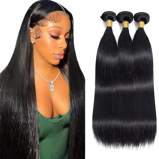 Straight Bundles Human Hair 3 Bundles 24 26 28 Inch Natural Color Double Weft Unprocessed Brazilian Virgin Remy Hair Straight Bundle Silky and Soft