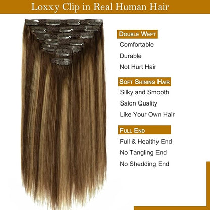 Loxxy New Version Thickened Double Weft Remy Human Hair Chocolate Brown to Caramel Blonde Thick Silky Straight 22 Inch Clip in Human Hair Extensions Clip in Thick Silky Straight Hair 140g