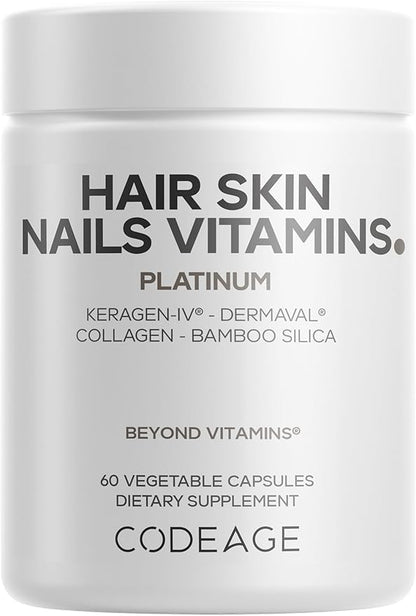 Codeage Hair Skin Nails Vitamins Platinum - KeraGEN-IV Keratin, Dermaval - Hair Fall, Skin Elasticity & Moisture Support - Biotin 5000, Collagen, Vitamin C, Coffeeberry, PABA Supplement - 60 Capsules