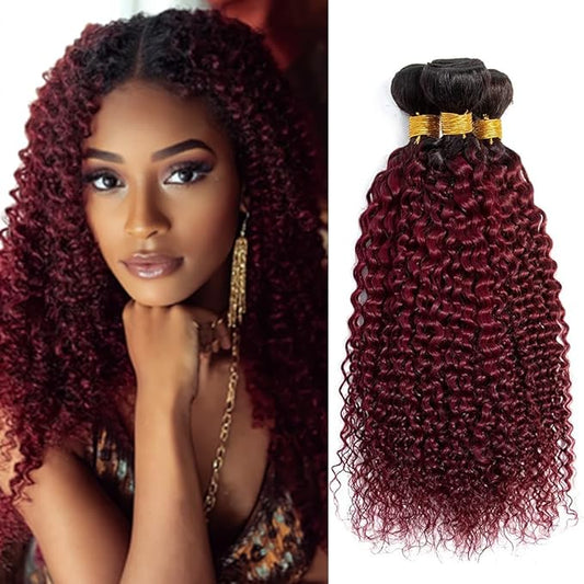 1B99j Ombre Burgundy Curly Bundles Black and Burgundy Curly Bundles two tone Brazilian Hair Weave Soft and Silky for Women 18 20 22 Inch