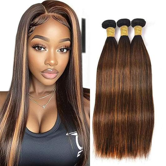Ombre P430 Highlight Straight Bundles Brown and Light Brown Straight Bundles two tone Double Weft Brazilian Human Hair Soft and Silky for Black Women 20 22 24 Inch