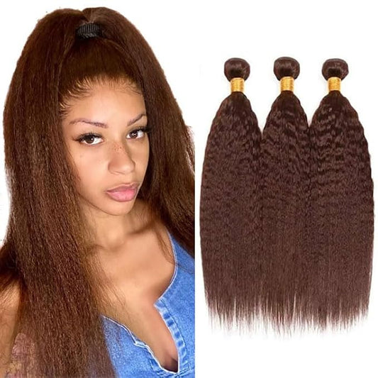 #4 Brown Bundles Human Hair Yaki Straight Bundles 24 26 28 Inch Human Hair Weave 3 Bundle Unprocessed Brazilian Virgin Hair Chocolate Kinky Straight Human Hair Extensions 50 Grams/Bundle