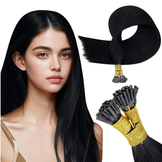 RUNATURE I Tip Hair Extensions Human Hair, Silky Long Hair Extensions I Tip Natural Looking Straight Remy Hair for Women 18inch 50G 60s #1 Jet Black