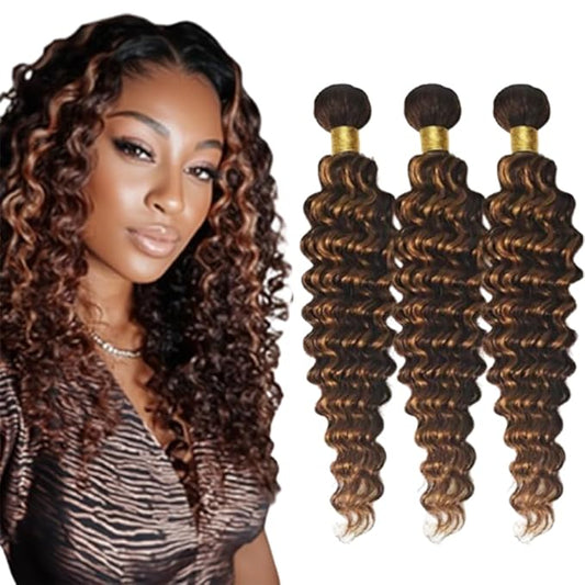 Brown With Highlight P1B30 Loose Deep Water Wave Bundles 1B and Light Brown Bundles two tone Brazilian Hair Extensions Soft and Silky for Women 14 16 18 Inch