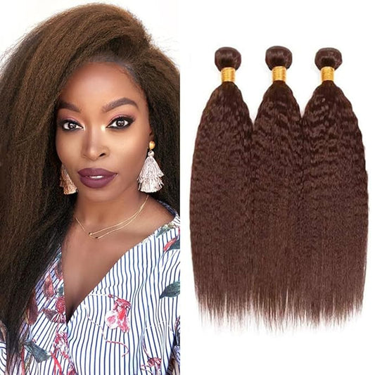 #4 Brown Bundles Human Hair Yaki Straight Bundles 24 26 28 Inch Human Hair Weave 3 Bundle Unprocessed Brazilian Virgin Hair Dark Brown Kinky Straight Human Hair Extensions 50 Grams/Bundle