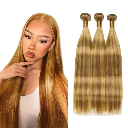 Ombre Light Brown Human Hair Bundles P2730 Highlight Honey Blonde Straight 32 Inch Unprocessed Remy Hair Extensions Silky Soft Weave