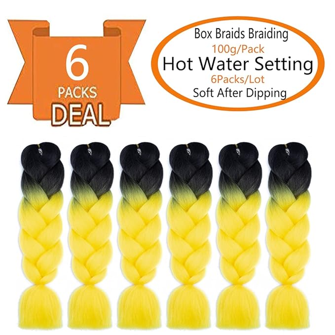 6 Packs Ombre Jumbo Braiding Hair Extensions 24 Inch High Temperature Synthetic Fiber Hair Extensions for Box Braids Braiding Hair (Black to Yellow)