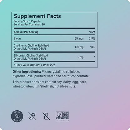 Biosil Advanced Hair + Nail Care - Growth Vitamins for Women - Strengthen & Thicken Strands - 30 Capsules - Patented ch-OSA - 15-Day Supply