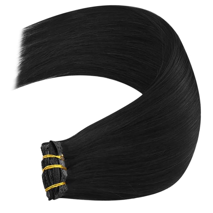 YoungSee 24inch Clip in Hair Extensions Human Hair Black Human Hair Extensions Clip ins Jet Black Blend Natural with Own Hair 24Inch 120G 7Pcs