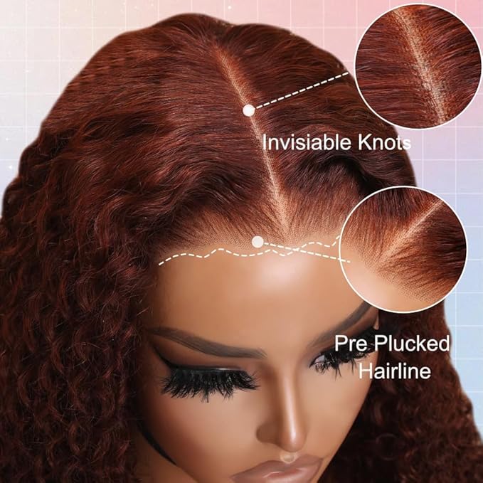 Reddish Brown glueless wigs human hair pre plucked pre cut Deep Wave 7x5 Wear And Go Closure Wigs Reddish Brown Lace Front Wigs Human Hair 180% Density Auburn Wig for Women 14 Inch