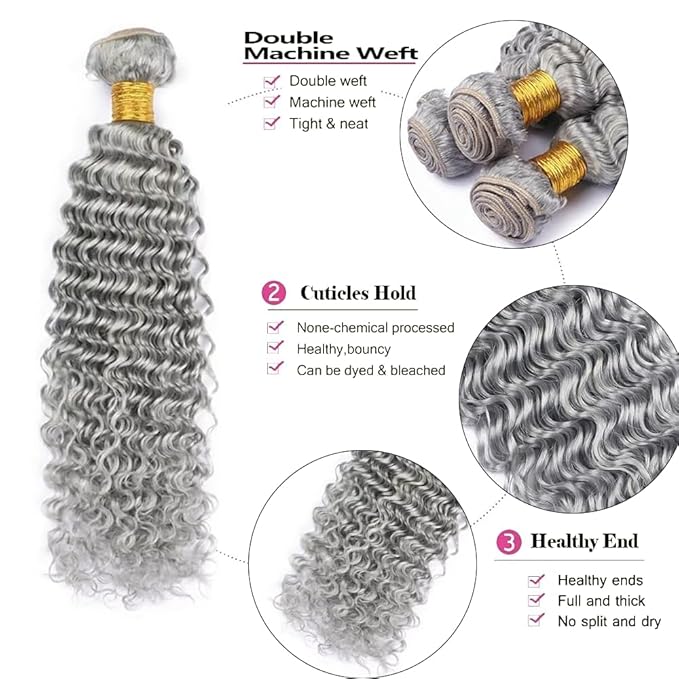 Gray Human Hair Bundles Grey Deep Wave Bundle Pure Grey Bundles 22 24 26 Inch Niegmeag Double Weft Silver Bundle Hair Weave 300g