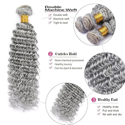 Gray Human Hair Bundles Grey Deep Wave Bundle Pure Grey Bundles 22 24 26 Inch Niegmeag Double Weft Silver Bundle Hair Weave 300g