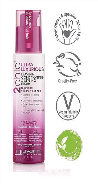 GIOVANNI 2chic Ultra-Luxurious Leave-In Conditioning & Styling Elixir - Smoothing Hair Cream for Curly & Wavy Hair, Enriched with Aloe Vera, Paraben Free, Color Safe - Cherry Blossom & Rose Petal, 4oz