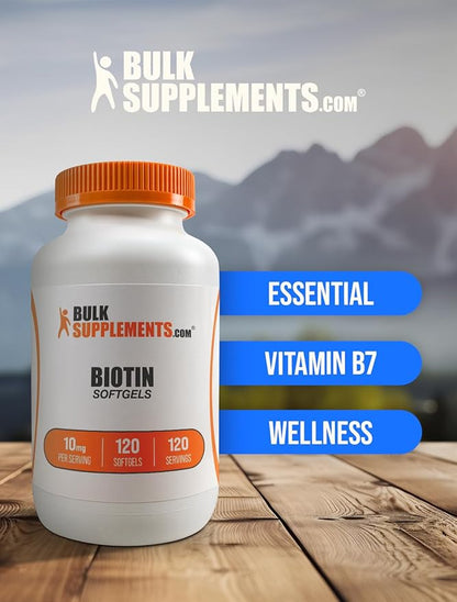 BulkSupplements.com Biotin 10000mcg Softgels - Vitamin B7, Biotin Vitamins for Hair, Skin and Nails, Biotin Supplement - Gluten Free, 1 Softgel per Serving, 120 Count (Pack of 1)