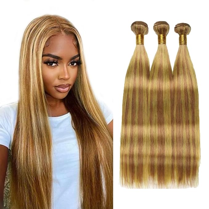 P27/30 Honey Blonde Straight Human Hair Bundles - Light Brown Ombre Remy Hair Extensions 14-18 Inch Silky Soft Highlight Bundles