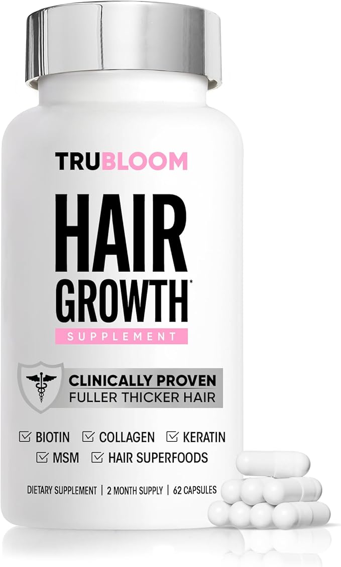 Tru Bloom Hair Growth Vitamins - 2 Month Supply. Clinically Proven to Grow Fuller, Thicker Hair. Drug-Free with Biotin, Collagen, Keratin, MSM, Zinc, D3 + Hair Superfoods