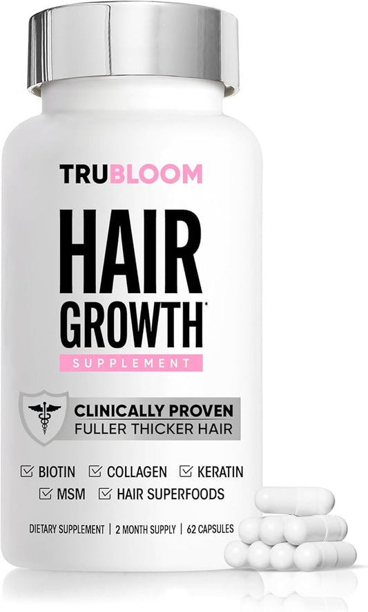 Tru Bloom Hair Growth Vitamins - 2 Month Supply. Clinically Proven to Grow Fuller, Thicker Hair. Drug-Free with Biotin, Collagen, Keratin, MSM, Zinc, D3 + Hair Superfoods
