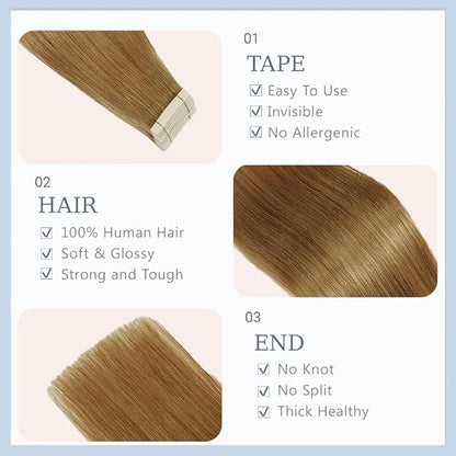 28 Inch Tape In Hair Extensions Color #27 Straight Hair Extensions HuxoWax Double Weft Invisible Honey Blonde VirgIn Soft And Silky Remy Hair