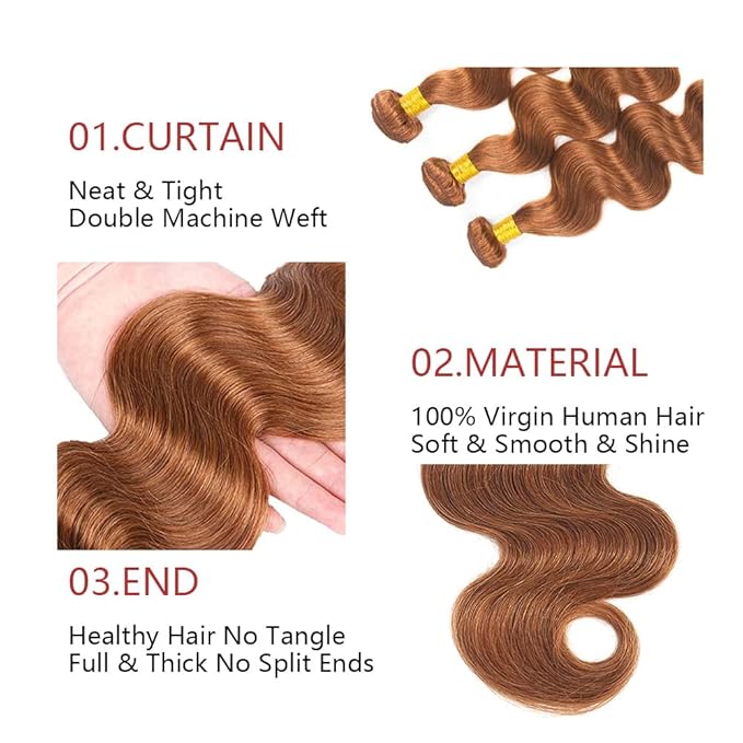 #30 Body Wave Bundles Light Brown Human Hair Bundles Grade 8A Brazilian Remy Hair Weaves Extensions For Women 8 10 12 Inch