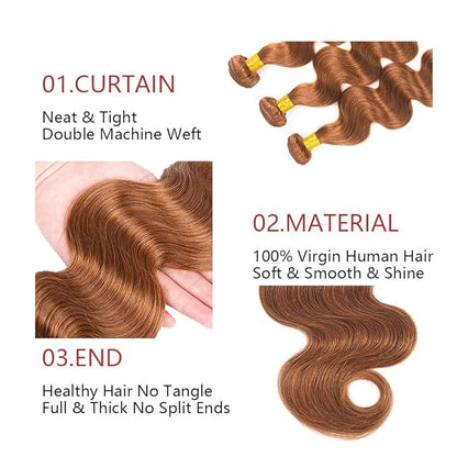 #30 Body Wave Bundles Light Brown Human Hair Bundles Grade 8A Brazilian Remy Hair Weaves Extensions For Women 8 10 12 Inch