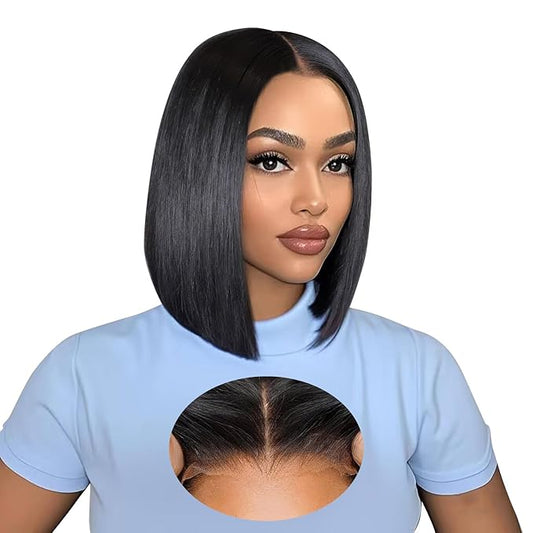 XZZ Wear and Go Glueless Bob Wig Human Hair Pre Plucked Pre Cut 200% Density Black Bob Human Hair Wig 16 Inch 9x6 HD Closure Lace Front Glueless Wigs Human Hair Short Straight Bob Wigs for Women