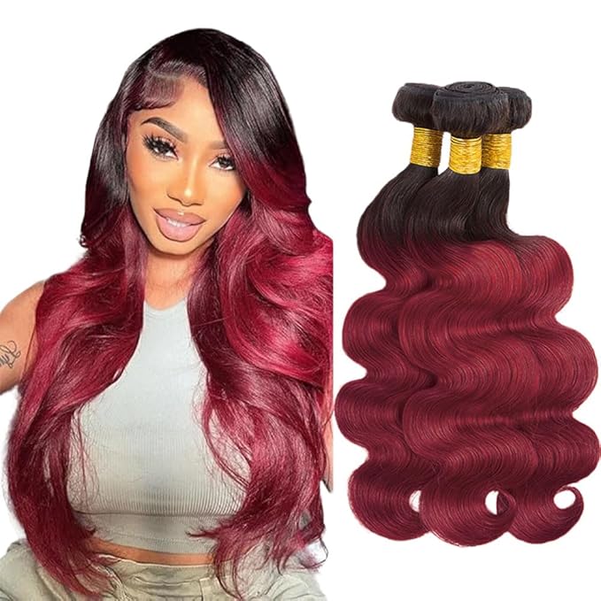 28 30 32 Inch Ombre Bundles Human Hair Burgundy Body Wave Bundles Niegmeag Peruvian Unprocessed Virgin Remy Hair Extensions Double Weft Hair Weave